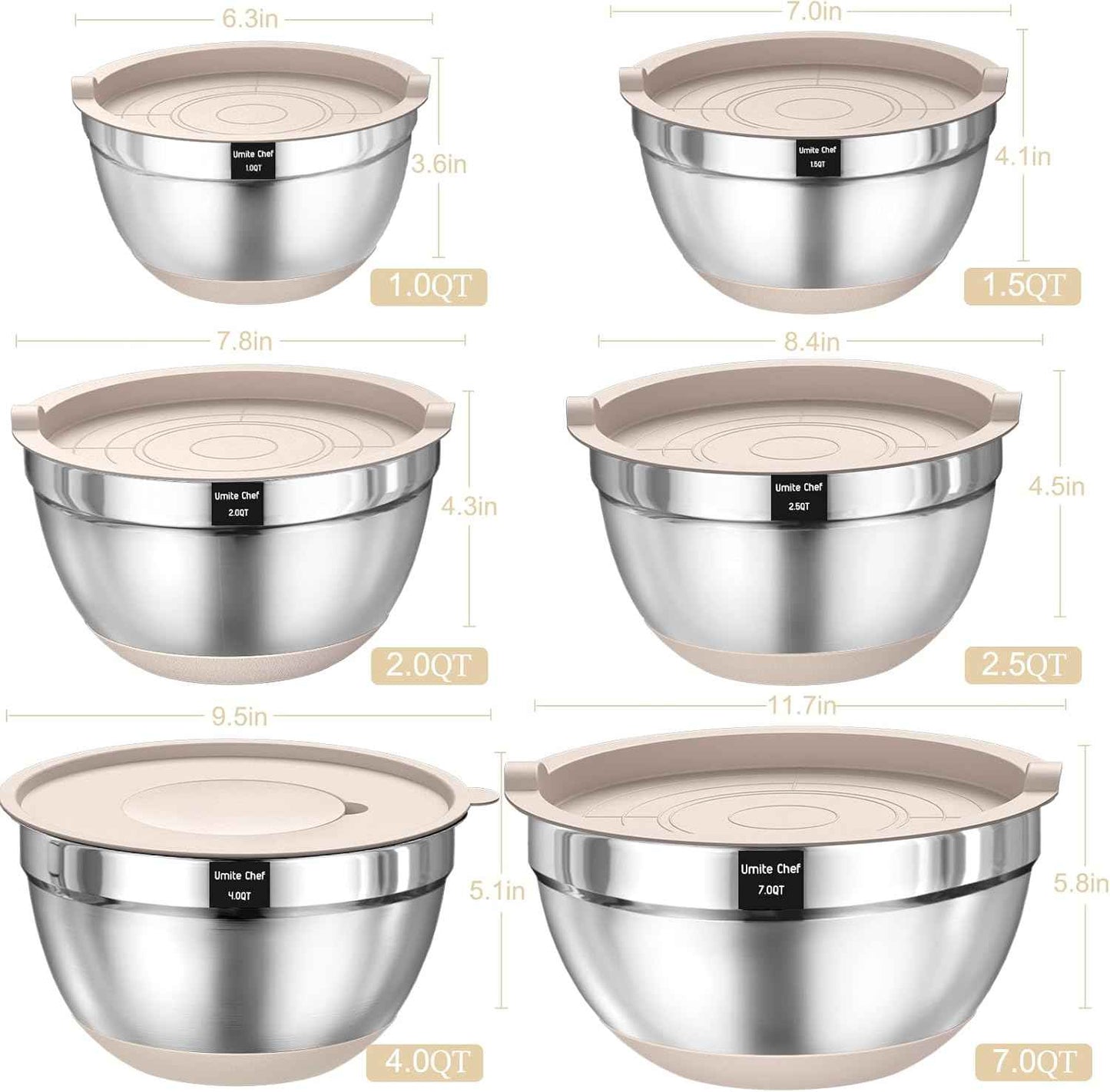 26-piece stainless steel mixing bowls set with airtight lids, grater attachments, and kitchen gadgets, sizes 7, 4, 2.5, 2.0, 1.5, 1QT, non-slip bottoms, great for mixing and serving