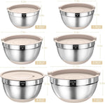 26-piece stainless steel mixing bowls set with airtight lids, grater attachments, and kitchen gadgets, sizes 7, 4, 2.5, 2.0, 1.5, 1QT, non-slip bottoms, great for mixing and serving