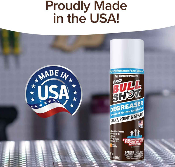 Bull Shot Degreaser Pro, Foaming Degreaser & Grime Remover, Heavy-Duty, AS SEEN ON TV, Residue-Free, Shake, Point & Spray, Emulsifies Grease, Oil Splatters, Glue, Tape Residue & More - Made in the USA