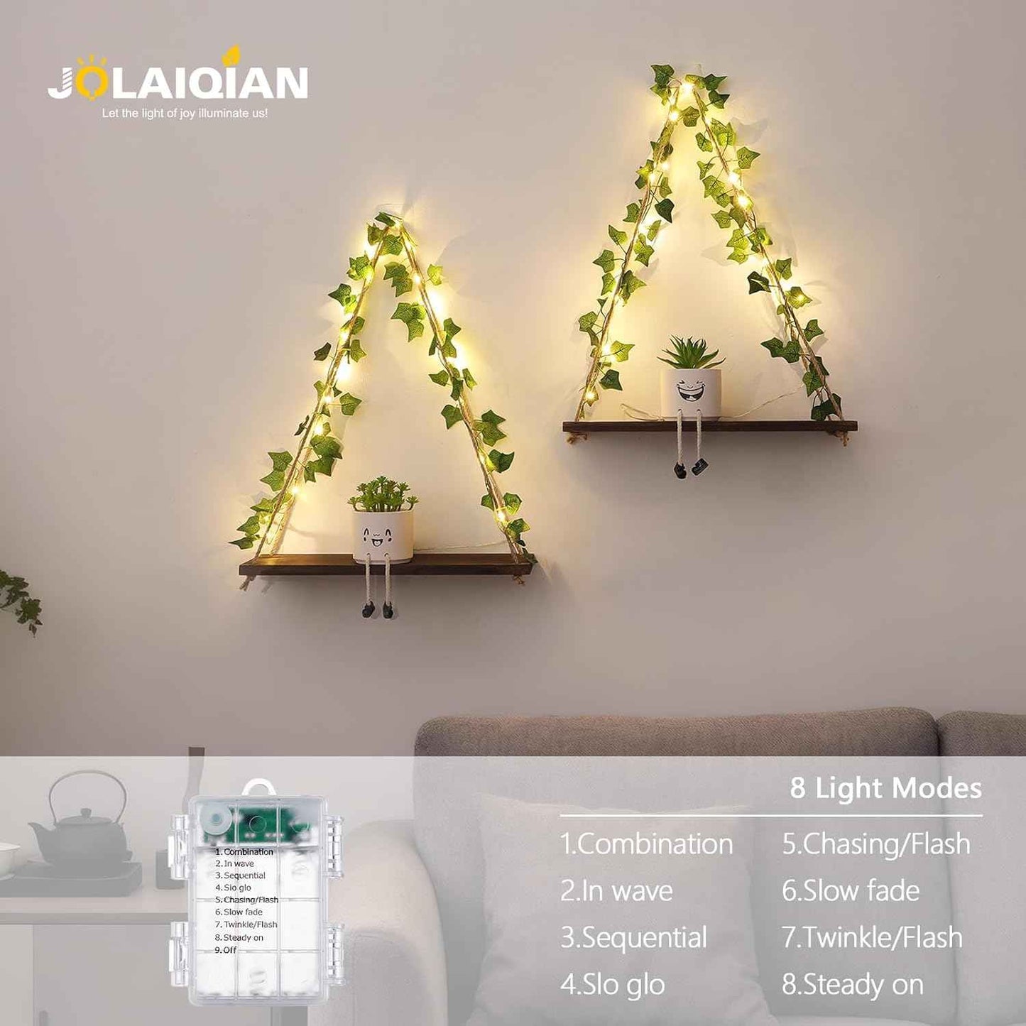 Floating Shelves for Wall, Hanging Shelves with Artificial Ivy LED String Light, No Drilling Hanging Shelf, Wood Hanging Plant Shelves for Wall Décor, Boho Decor, Art Bedroom, Set of 2