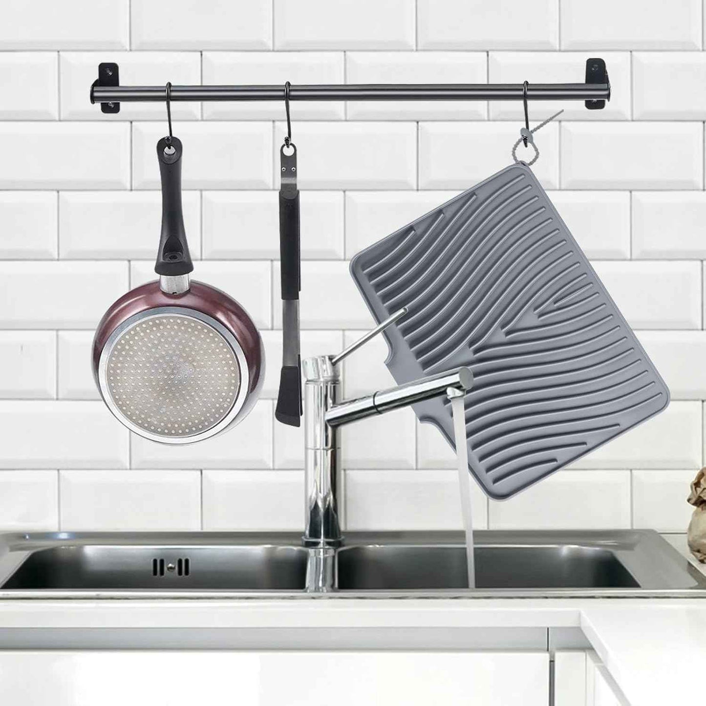 Silicone Dish Drying Mat for Kitchen Counter, Dish Drying Pad, Non-Slip Drain Pad with Built-in Drain, Heat Resistant Stone Drying Mat(15.8" x 13", Grey)