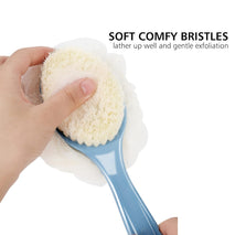 Shower body brush with bristles and loofah for skin exfoliating bath, curved long handle for back and feet, suitable for wet or dry use, men and women, blue