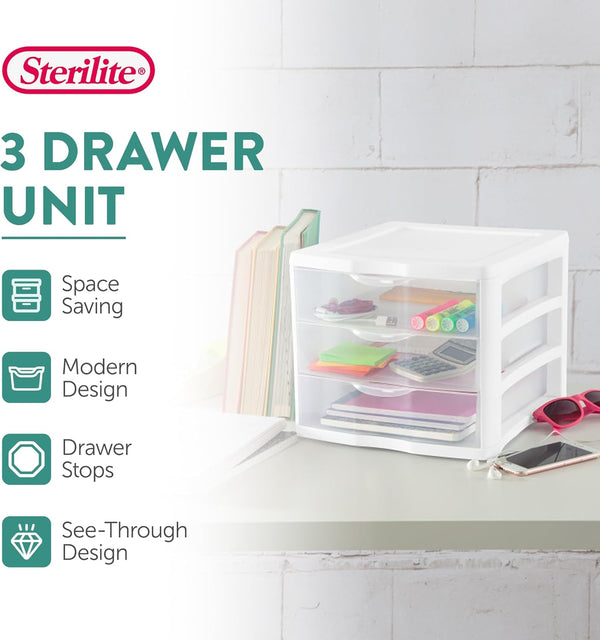 Sterilite 4-Pack 3 Drawer Unit Stackable Plastic Organizer for Home Office Storage
