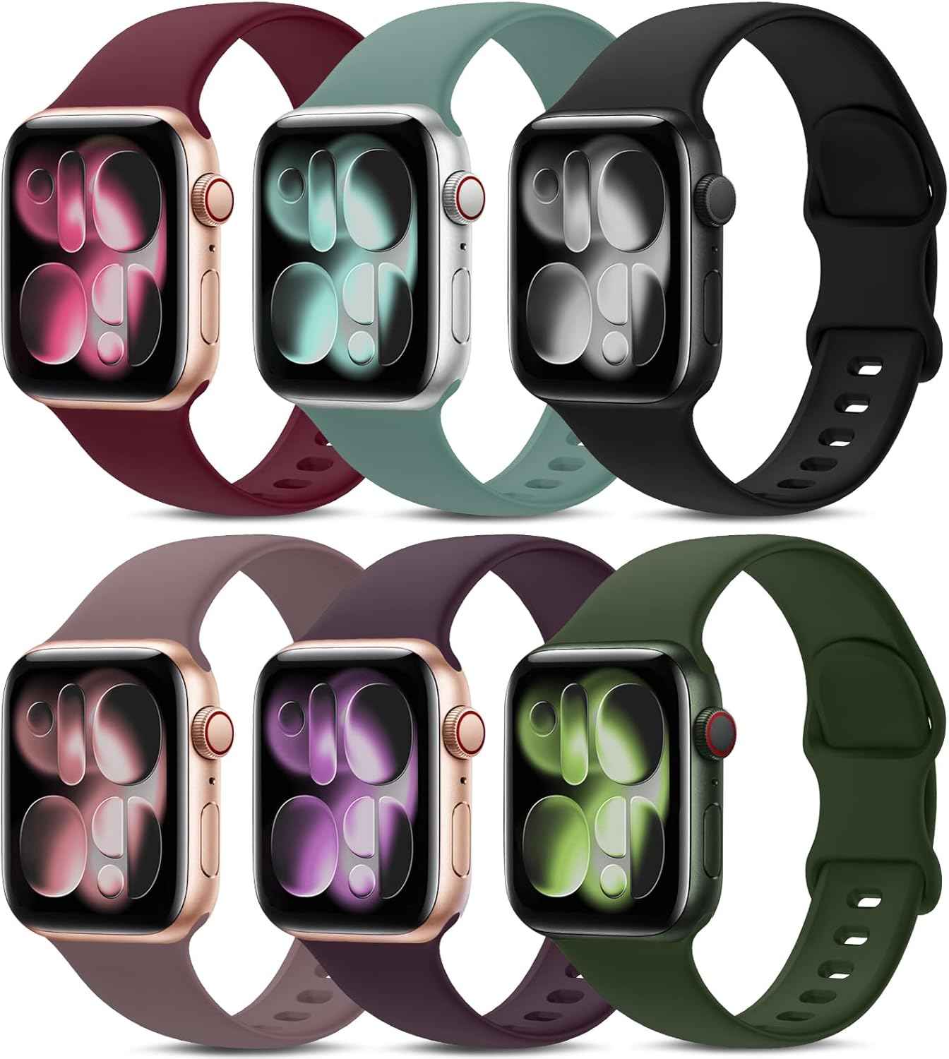 6 Pack Sport Bands Compatible with Apple Watch Band 38mm 40mm 41mm 42mm 44mm 45mm 49mm 46mm,Silicone Waterproof Strap for iWatch Apple Watch Series 11 10 9 Ultra 8 7 6 5 4 3 2 1 SE Women Men