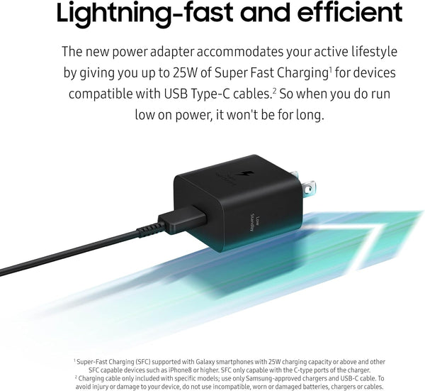 Samsung 25W Wall Charger Power Adapter with Cable, Super Fast Charging, Compact Design, Energy Efficient, Compatible with Galaxy and USB Type C Devices, Black