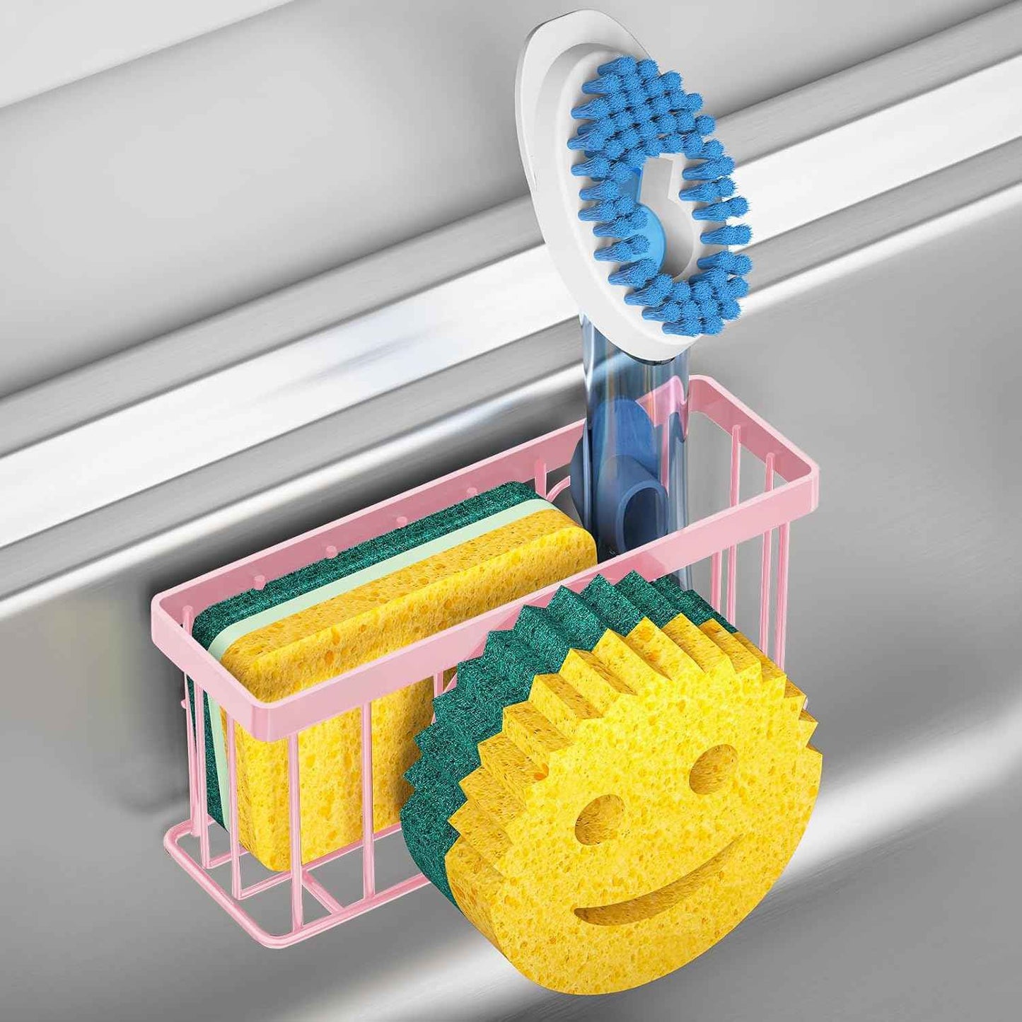 Sponge Holder Smiley Face,Sink Caddy,Sink Organizer with 2 Suction Cups/1 Adhesive Strips,Designed for Sponge,Soap,Dish Brush,Scrubber - Black