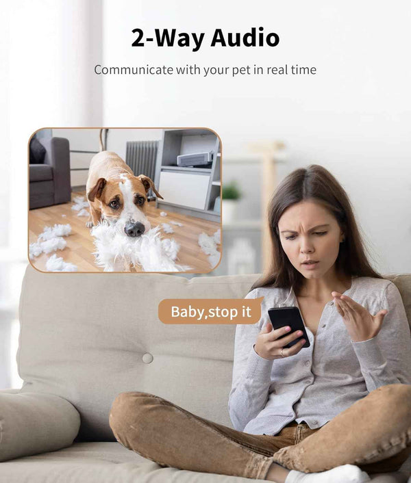 2K pet camera treat dispenser with 360° view, 5G&2.4G WiFi, 2-way talk, motion alerts, and auto tracking for cats and dogs
