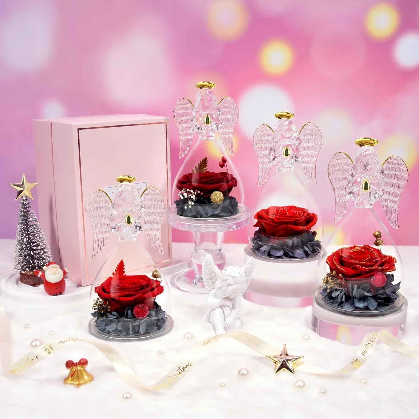 Sunia Valentines Day Rose Gifts for Women, Birthday Gifts for Mom Grandma, Forever Preserved Flower in Glass Angel Figurines Flowers for Delivery Prime, Mothers Day Real Roses for Her Wife