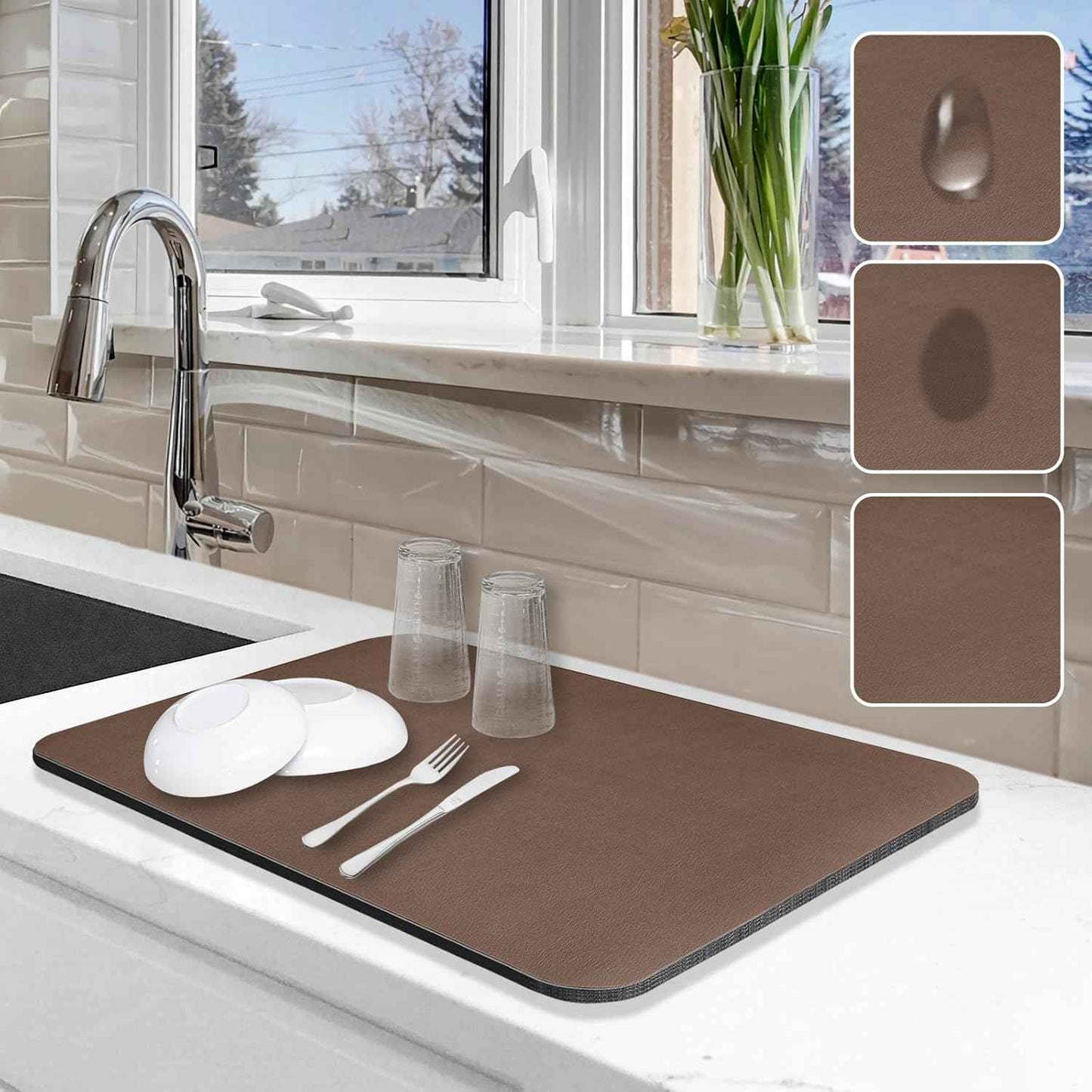 Dish Drying Mat for Kitchen Counter, 12"x19" Dish Drying Pad with Non-slip Rubber Backed, Hide Stain Anti Absorbent for Kitchen Counter, Drying Mat for Coffee Machine Dish Rack (Grey)