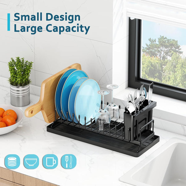 Compact Dish Drying Rack for Kitchen Counter with Silicone Mat