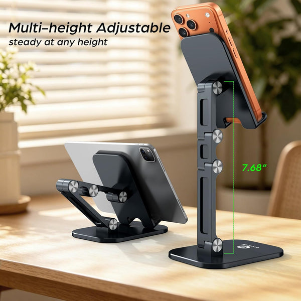 Phone Stand, Cell Phone Stand Holder for Desk Office Accessories Adjustable Height and Angle Foldable iPhone Stand Compatible with 4"-13" Phones iPad Tablet - Black