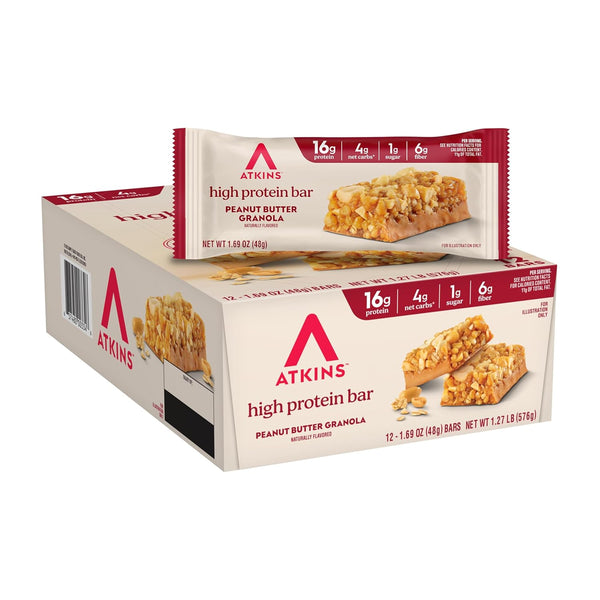 Atkins Chocolate Chip Granola Protein Bar, 12 Count, High Fiber, Low Sugar, 17g Protein