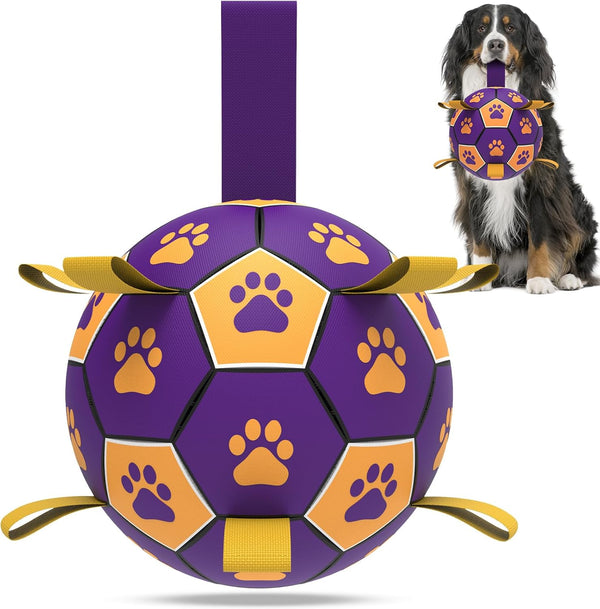 Qdan dog toys 6 inch world cup dog soccer ball with straps for small medium pet outdoor play