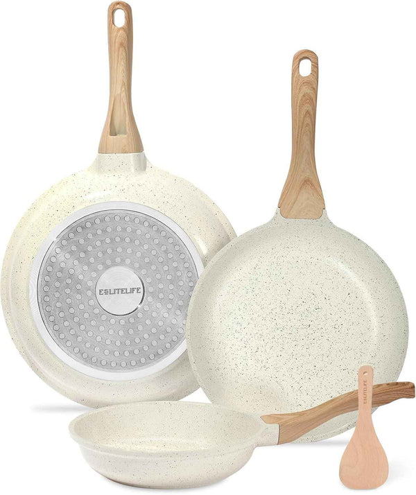 ESLITE LIFE Nonstick Ceramic Frying Pan Skillet, Non-Toxic Egg Omelette Kitchen Cooking Pans Compatible with All Stovetops (Gas, Electric & Induction), PTFE & PFOA Free (White, 8'')