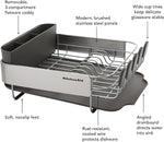 Compact kitchen dish rack with angled drainboard and removable flatware caddy