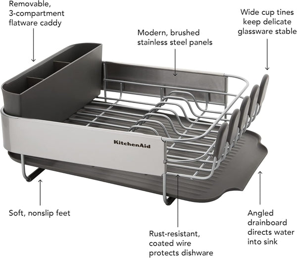 Compact kitchen dish rack with angled drainboard and removable flatware caddy