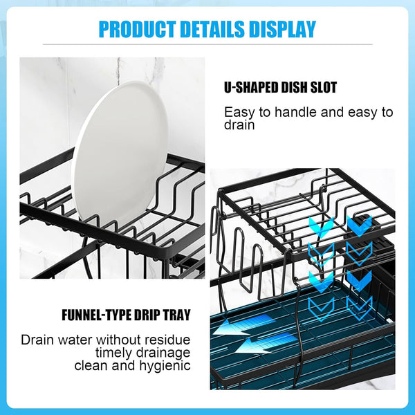 Large capacity 2-tier dish drying rack for kitchen counter