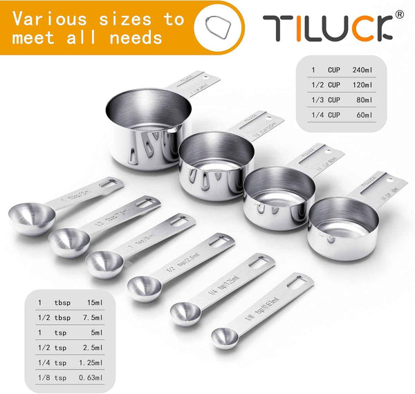 TILUCK 10-Piece Stainless Steel Measuring Cups and Spoons Set for Cooking and Baking