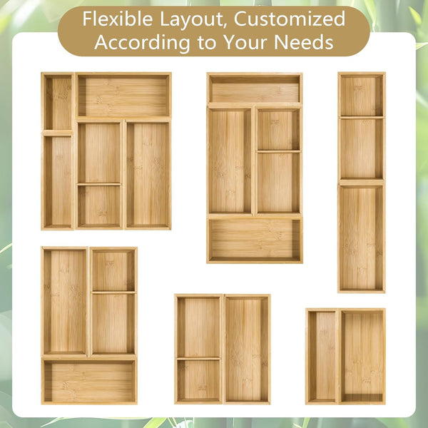 Bamboo Drawer Organizer Set for Bathroom, Kitchen, Office, and Closet
