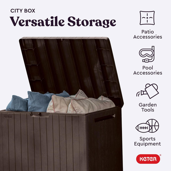Keter City 30 Gallon Resin Outdoor Storage Box and Patio Furniture Side Table