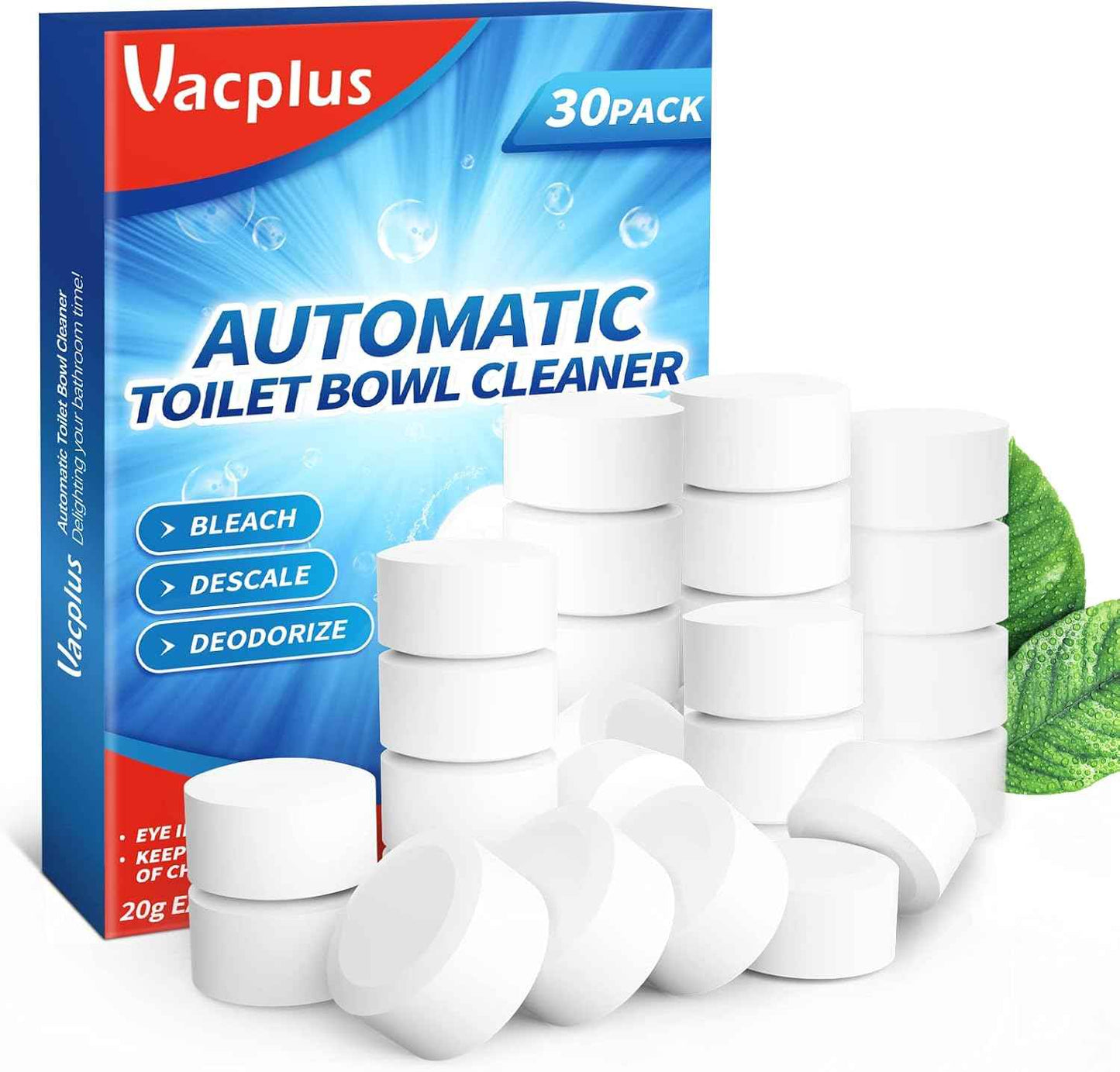 Vacplus Toilet Bowl Cleaner Tablets, 30-Pack, Automatic Toilet Bowl Cleaners with Bleach