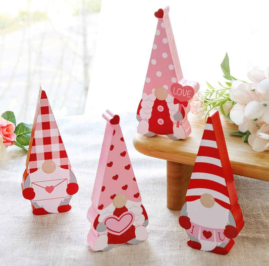 Valentines Day Decor Gnome Table Decorations Sign, 4 Pcs Galentines Day Red and Pink Wooden Tiered Tray Decor, Classic Valentines Day Decorations for The Home Table Decor Valentines Day Gifts