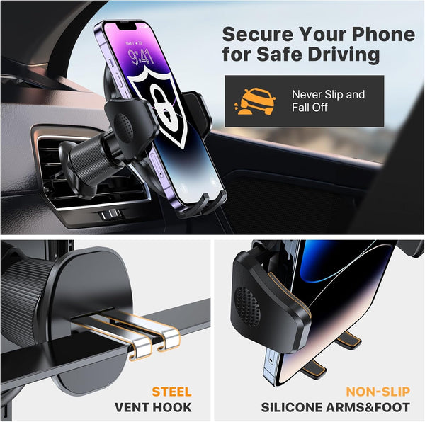 Car Phone Holder with Metal Hook Clip and Air Vent Cell Phone Stand