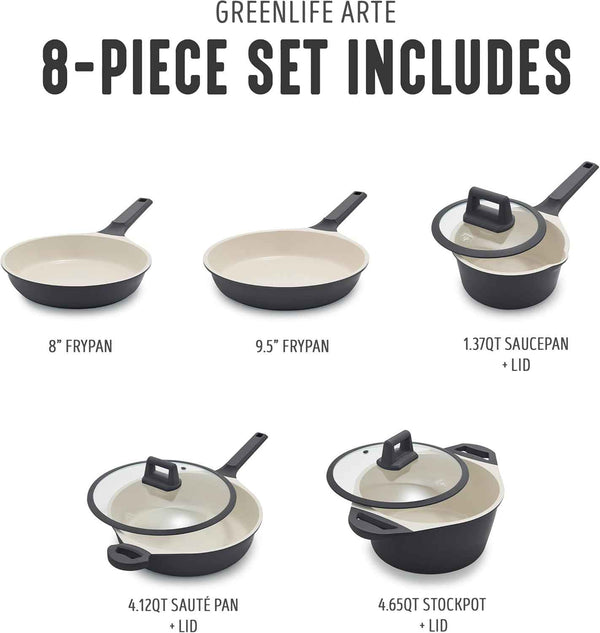GreenLife 8 Piece Ceramic Nonstick Cookware Set, Induction Suitable Non Toxic PFAS-Free Pots & Pans, Dishwasher Safe, Cooking Set, Stock Pot, Saucepans & Frying Pans, Kitchen Cooking, Graphite