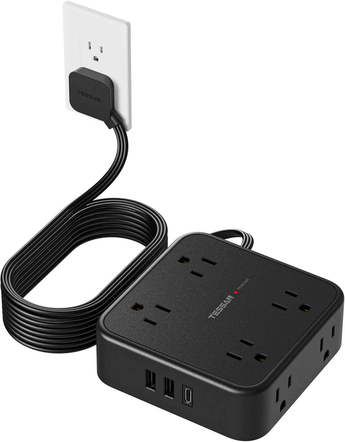TESSAN Surge Protector Power Strip, 5 Ft Flat Plug Extension Cord with 3 USB (1 USB C) 8 Outlets, 900J Surge Protection, 3 Sided Outlet Extender with Power Switch for Office, Dorm Room Essentials