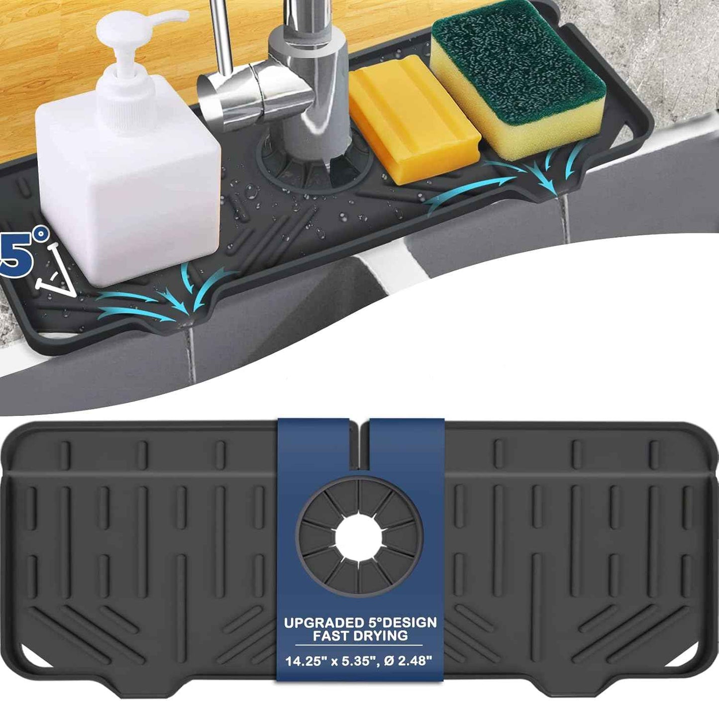 BFONS Silicone Faucet Handle Drip Catcher Drying Tray Mat Dish Soap Sponge Holder Accessories Gadgets for Kitchen Counter Bathroom Kitchen Sink Splash Guard -Grey