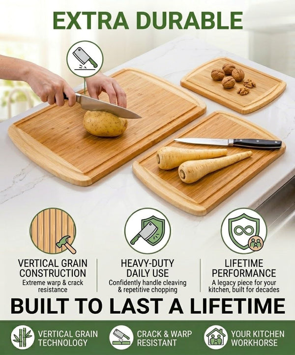 Luxury XL Bamboo Cutting Board Set of 3 with Vertical Grain Strength Technology