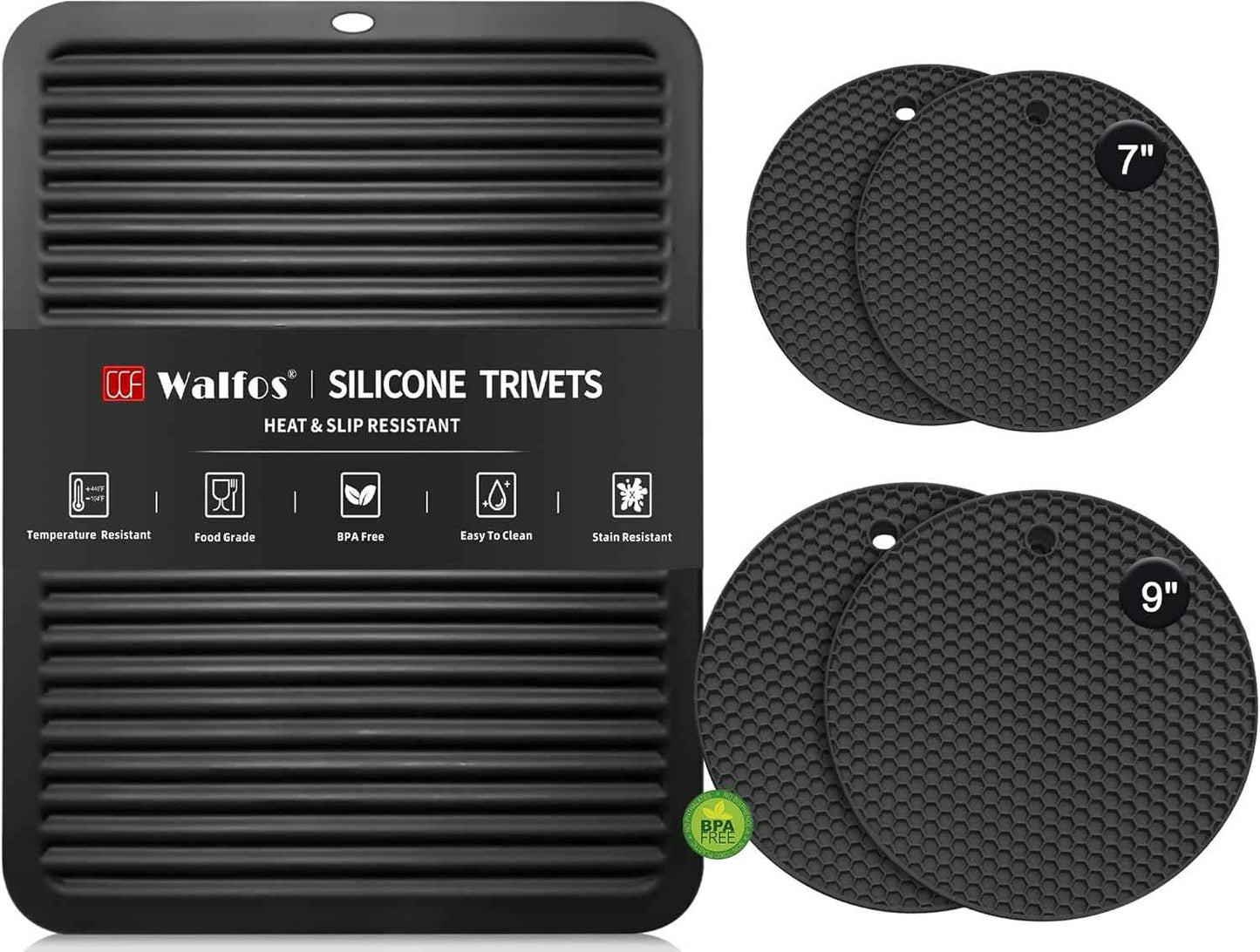 Walfos Silicone Trivet Mats - 4 Heat Resistant Pot Holders, Multipurpose Non-Slip Hot Pads for Kitchen Potholders, Hot Dishers, Jar Opener, Spoon Holder, Food Grade Silicone & BPA Free (Black)