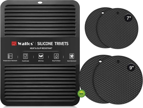 Walfos Silicone Trivet Mats - 4 Heat Resistant Pot Holders, Multipurpose Non-Slip Hot Pads for Kitchen Potholders, Hot Dishers, Jar Opener, Spoon Holder, Food Grade Silicone & BPA Free (Black)