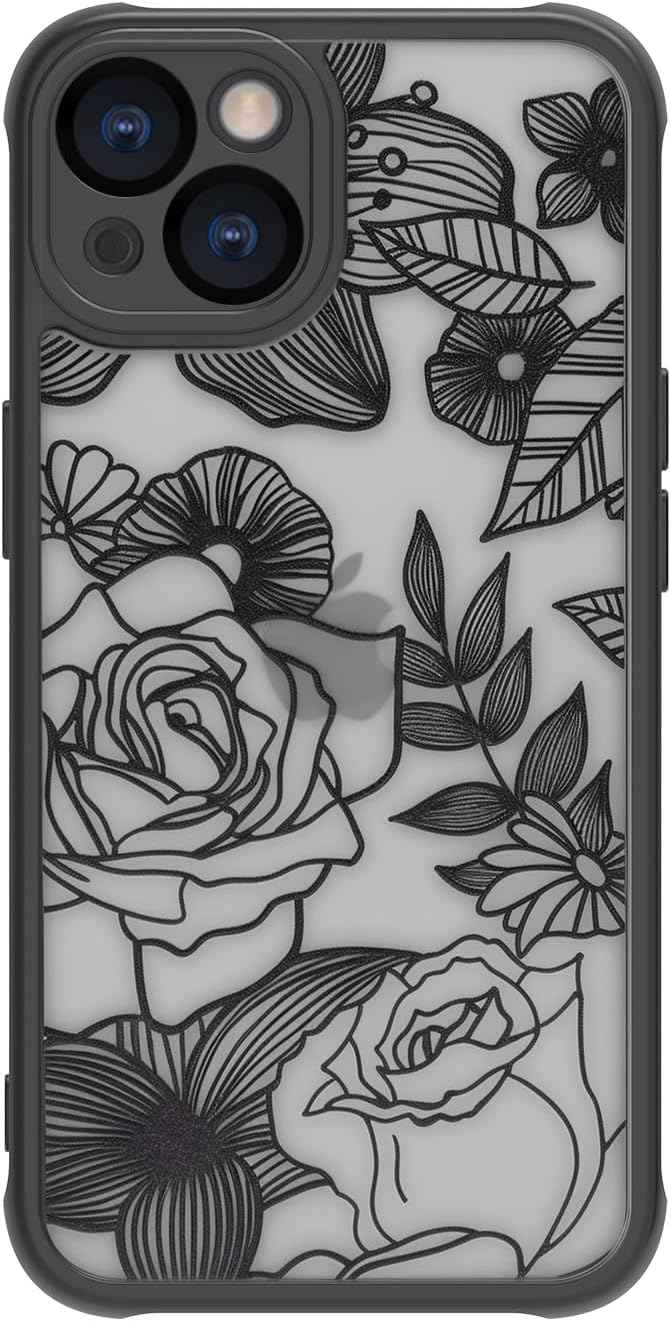 Girly Flower Case Compatible with iPhone 17 Pro Max, Cute Rose Aesthetic Black Line Art Floral Pattern Print, Anti Fingerprint PC Heavy Duty Protection Cases Cover for Girls Women