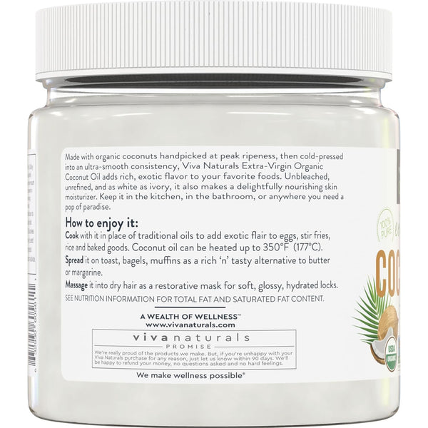 Viva Naturals Unrefined Cold-Pressed Extra Virgin Coconut Oil 16 fl oz, USDA Organic & Non-GMO