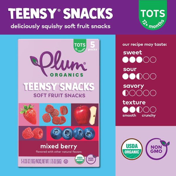 Plum Organics Teensy Snacks Soft Fruit Snacks - Mixed Berry - 0.35 oz Bags (Pack of 40) - Organic Toddler Food Fruit Snacks