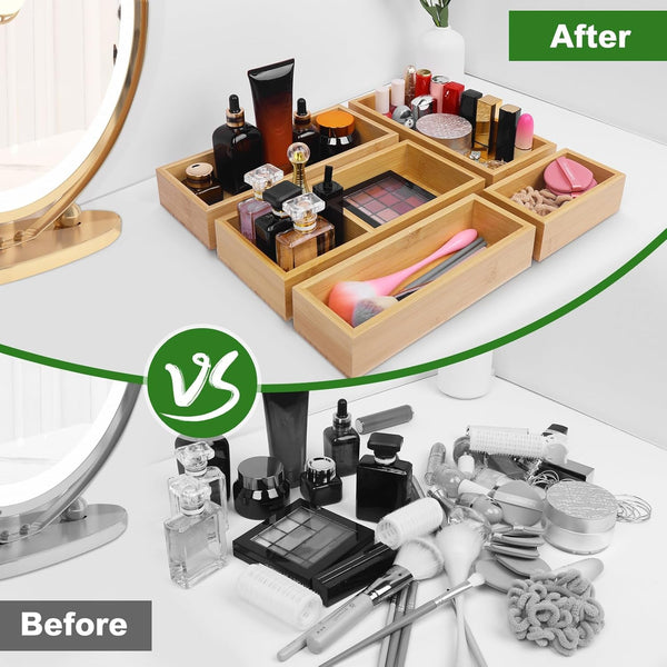 Bamboo Drawer Organizer Set for Kitchen, Bathroom, Office, and Makeup