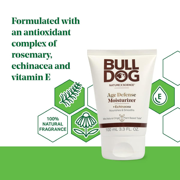 Bulldog Mens Skincare and Grooming Face Moisturizer Age Defense, 3.3 Fluid Ounce for Men's Regular Sensitive Skin