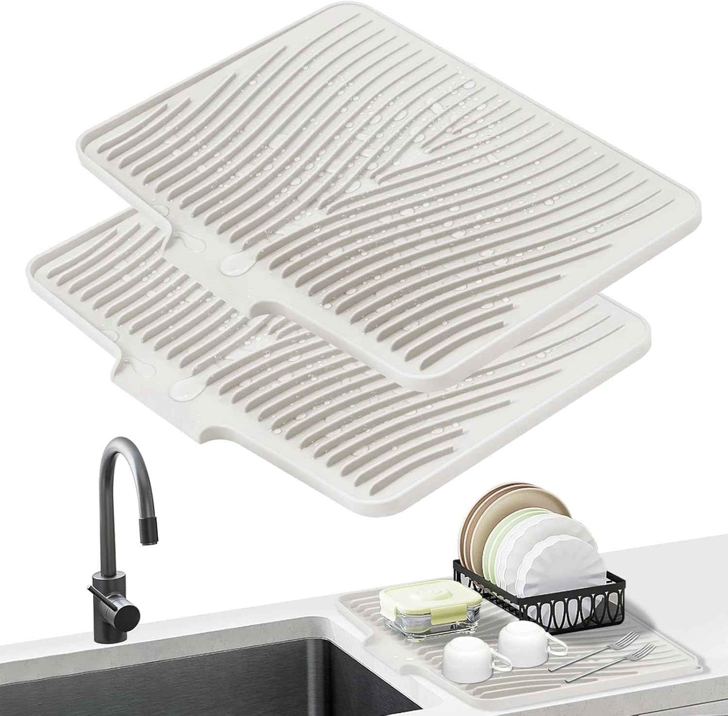 Silicone Dish Drying Mat for Kitchen Counter, Dish Drying Pad, Non-Slip Drain Pad with Built-in Drain, Heat Resistant Stone Drying Mat(15.8" x 13", Grey)