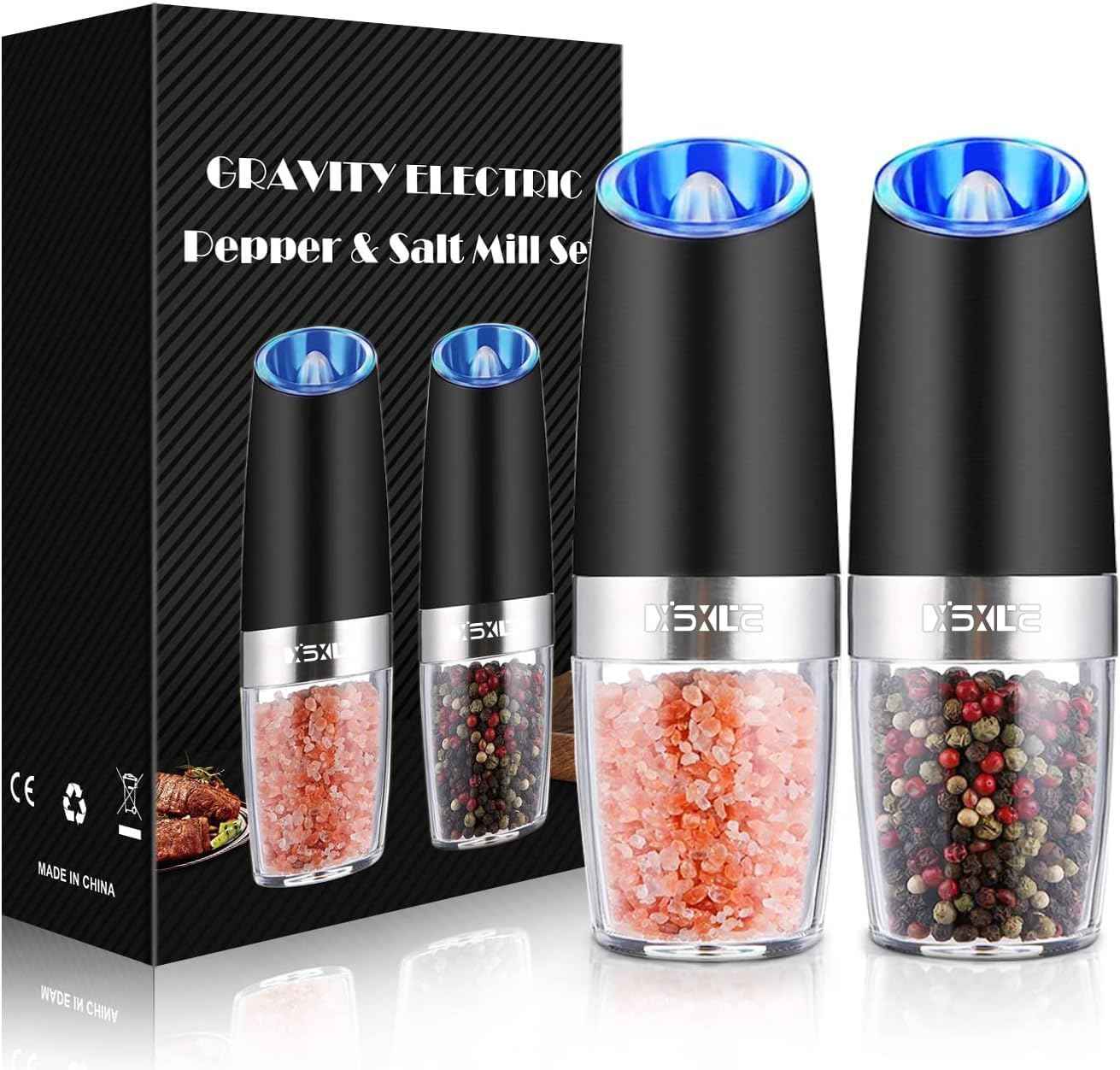 XinXu Gravity Electric Pepper and Salt Grinder Set, Adjustable Coarseness, Battery Powered with LED Light, One Hand Automatic Operation, Black -2 Pack