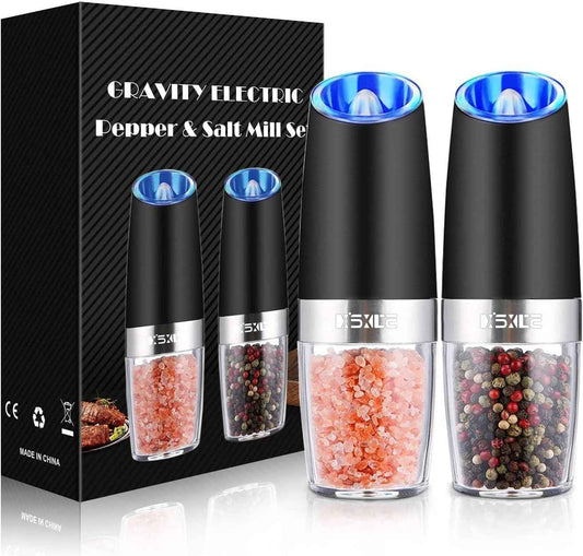 XinXu Gravity Electric Pepper and Salt Grinder Set, Adjustable Coarseness, Battery Powered with LED Light, One Hand Automatic Operation, Black -2 Pack