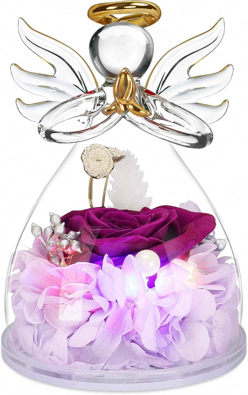 Valentines Day Rose Gifts for Her,Fresh Flowers for Delivery,Birthday Gifts for Women Mom,Preserved Flowers in Glass Angel Figurine,Angel Mothers Day Rose Gift for Mom Grandma,Purple Gift Valentines