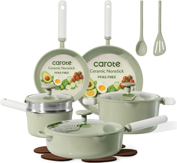 CAROTE 15-piece Ceramic Cookware Set with Non-stick Coating and Utensils
