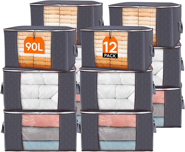 Lifewit 6 Pack Clothes Storage Bins with Lids, Foldable Blanket Storage Bags with Zippers, Clear Window and Reinforced Handles, Closet and Organization for Clothing, Sweater, Comforter, Bedding, Gray
