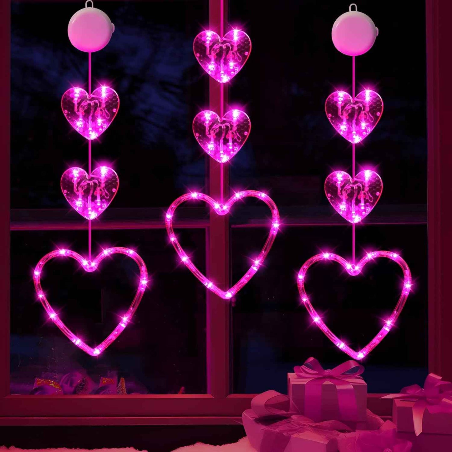 3 Pack Valentines Day Window Lights Decorations with Timer, Battery Powered Hanging Red Lighted Heart Shaped Silhouette Sucker LED Lamp for Fireplace Indoor Home Decor