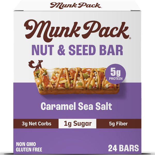 Munk Pack Fiber Nut Bars, Sea Salt Dark Chocolate, Gluten Free, 5g Fiber, 3g Net Carb, 24 Count