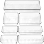 Criusia Drawer Organizer, 10 Pack Large Clear Plastic Set, 3 Size Versatile Bathroom and Vanity Organizer Trays, Storage Bins for Makeup, Bedroom, Kitchen Utensils