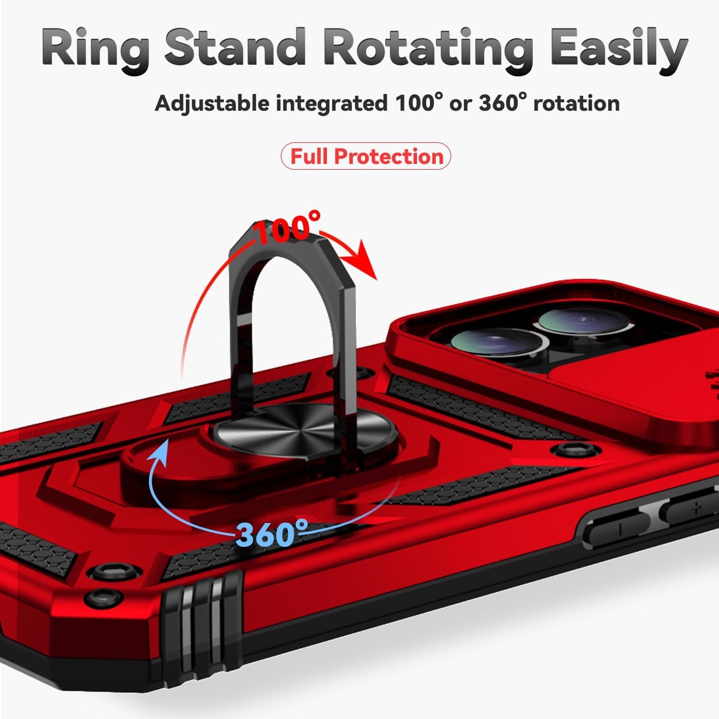 SunStory Phone Case for iPhone 16 6.1" with HD Screen Protector | Slide Camera Cover | Rotated Ring Kickstand | Military-Grade Protection | Red