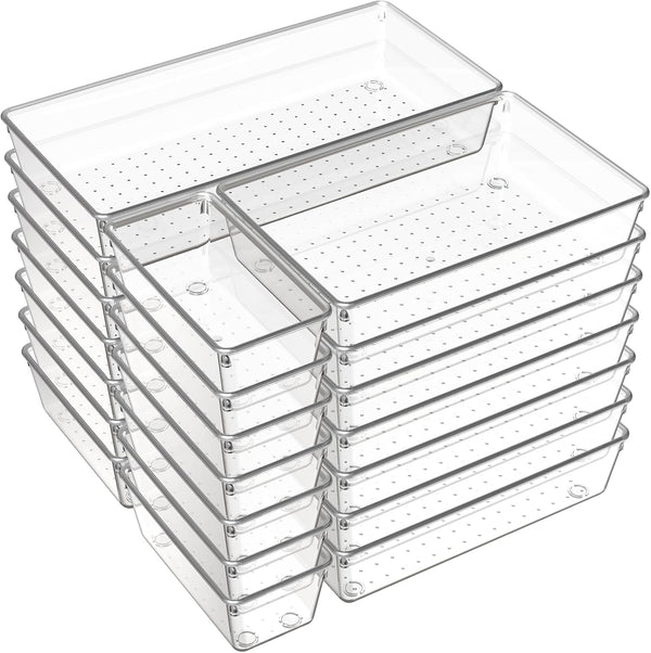 6 pack large clear plastic drawer organizer trays for kitchen utensils and office desk
