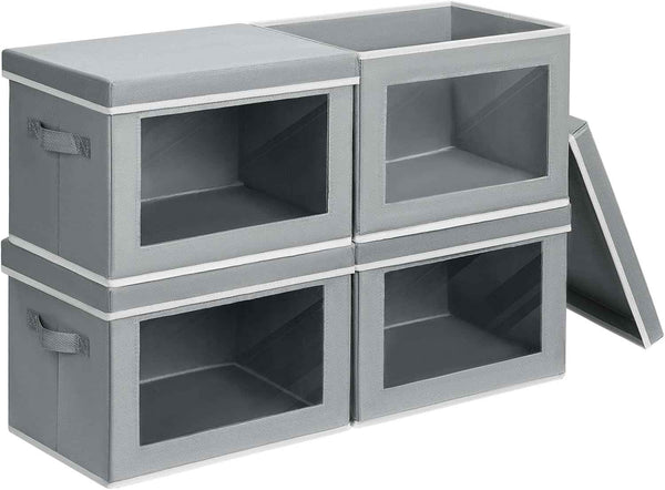 Grey Fabric Storage Bins with Lids, Collapsible Closet Organizer for Shelves 4 Pack, Home Decorative Boxes for Clothes, Office